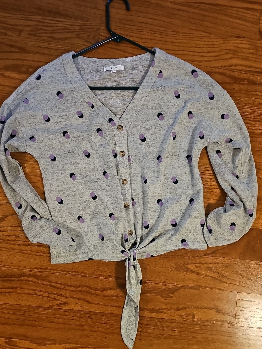 Light Heather Gray Tie-Front Cardigan with Purple Dot Detail